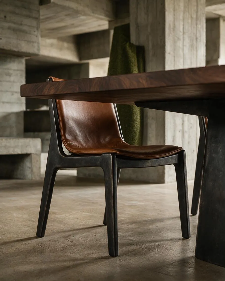 A close-up of a Brutalist dining setting with a brown leather chair tucked under a dark wood table. Behind it, massive unfinished concrete forms create a sculptural, blocky backdrop, while the floor is smooth concrete in muted gray tones.