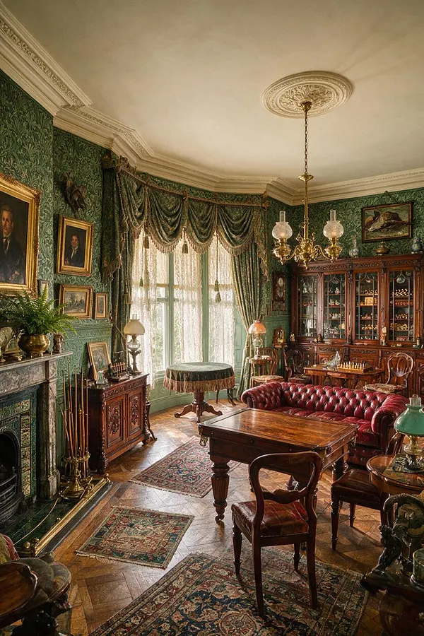 A richly decorated Victorian game room with dark green patterned wallpaper, heavy green drapery framing a tall window, and ornate carved wood furniture. The room includes a red tufted leather sofa, a wooden game table, a glass-front cabinet, framed portraits, a marble fireplace, patterned rugs, and a brass chandelier.