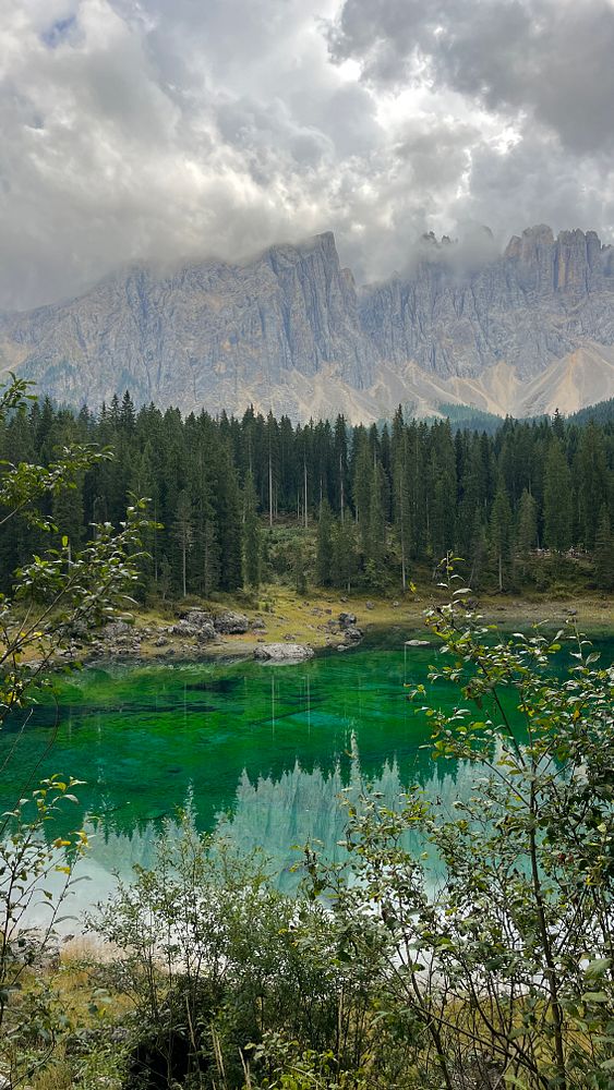 A serene landscape featuring a vibrant green lake surrounded by dense forests and towering mountains under a cloudy sky.