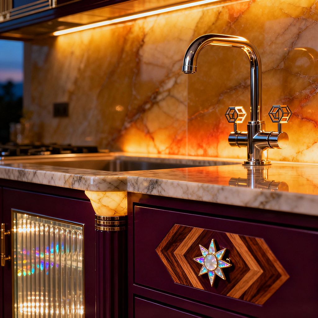 Close-up of a luxurious kitchen corner featuring deep plum cabinetry with brass trim, a creamy marble countertop, and a glowing backlit onyx slab backsplash. A polished chrome bridge-style faucet with faceted cross handles rises over a stainless sink, while a cabinet shows reeded glass illuminated from within and a drawer with chevron wood inlay and an opalescent starburst pull, all washed in warm under-cabinet lighting.