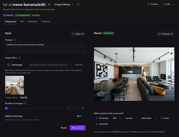 The image displays a user interface for the Nano Banana image editing tool, showcasing an interior design prompt and a completed result.
