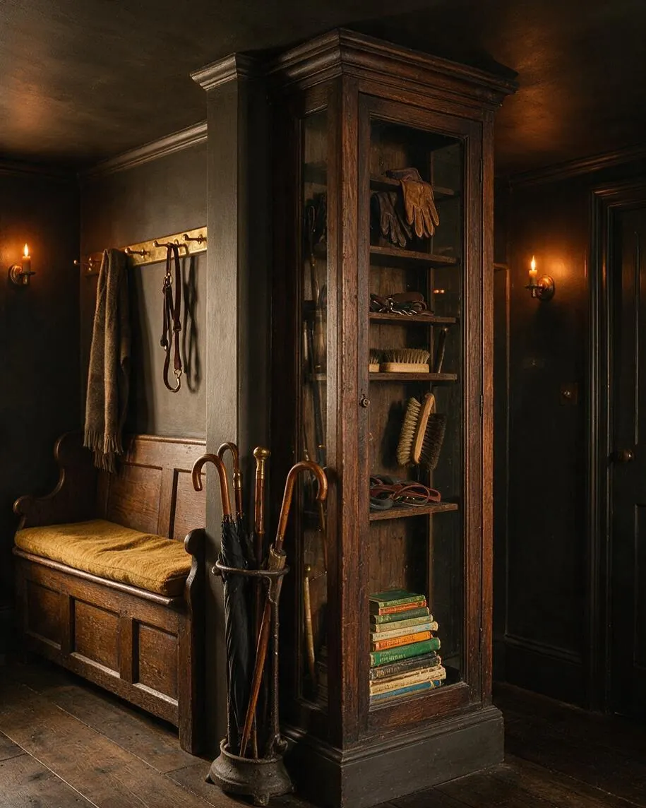 A moody mudroom features dark painted walls, a carved wooden bench with a mustard cushion, and a tall glass-front cabinet filled with gloves, brushes, and stacked books. Brass wall sconces, wooden umbrellas, and worn wood floors reinforce the Dark Academia atmosphere.