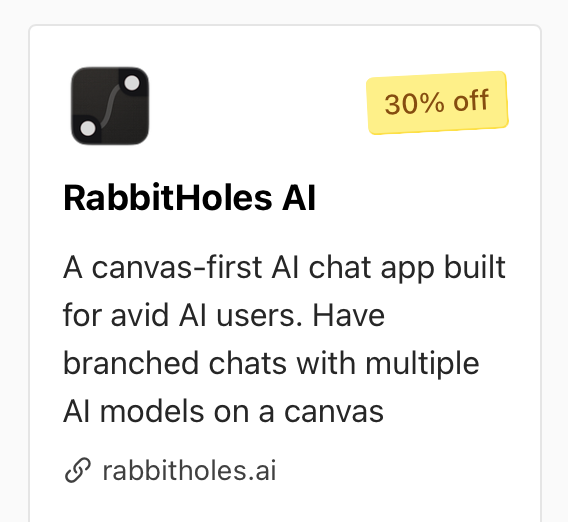 The image displays a promotional card for RabbitHoles AI, highlighting a discount offer.