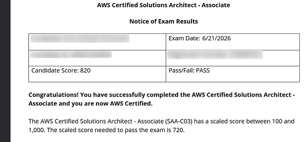 Screenshot of an AWS Certification dashboard showing an exam result marked as 'Redeemed' and expired, with various certification details and action buttons.
