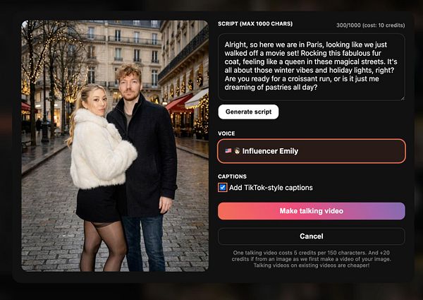 A couple poses in a Parisian street adorned with holiday lights, while a user interface for generating a talking video is displayed.