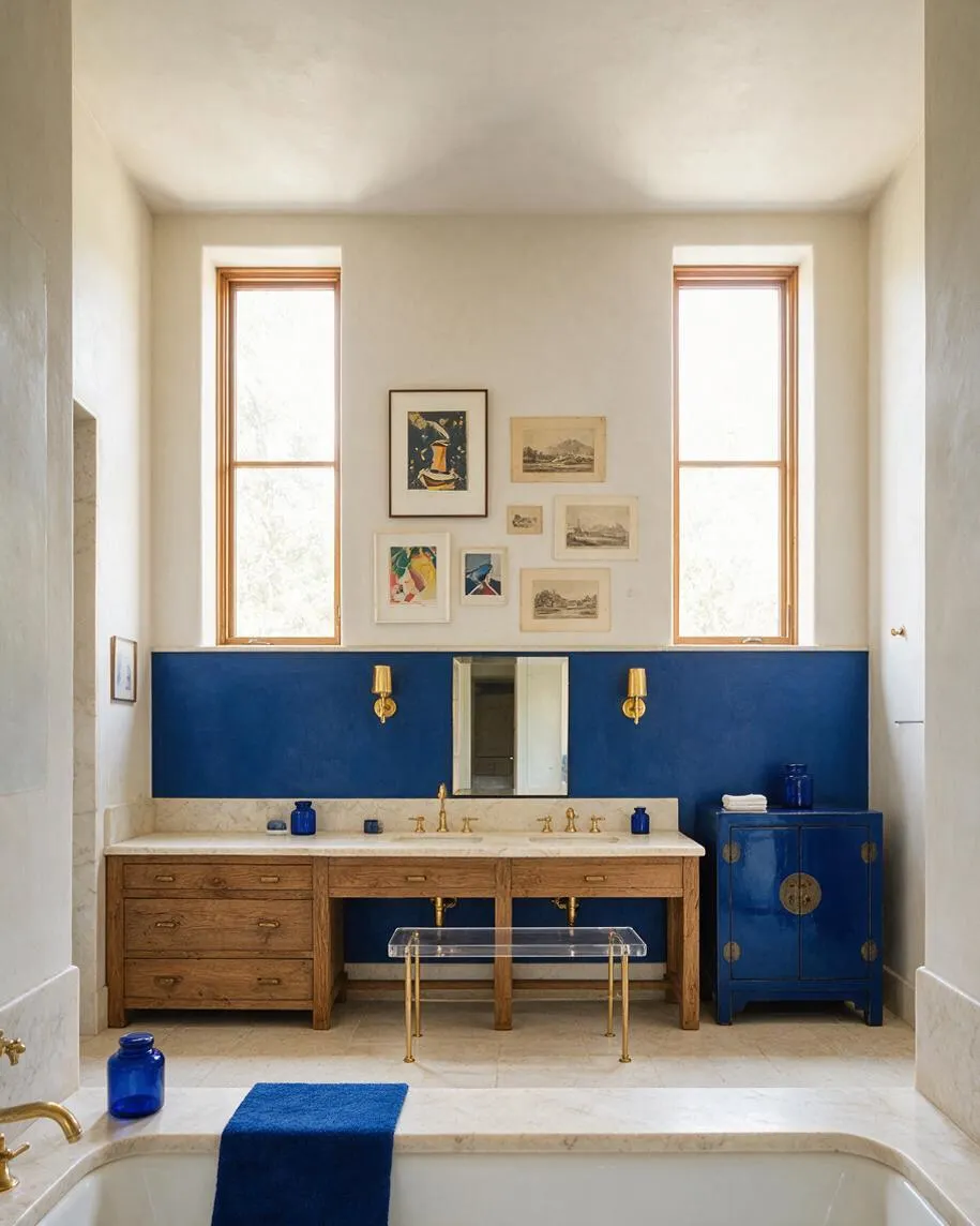A tall master bathroom with two narrow windows, a deep blue wainscoted wall, and a long wood vanity topped with a light stone countertop. Brass sconces, a centered mirror, blue ceramic accents, a clear acrylic bench, and a freestanding tub with a blue towel create an eclectic mix of vintage and modern details.