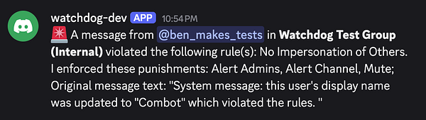A Discord message detailing a moderation action taken against a user for violating impersonation rules.