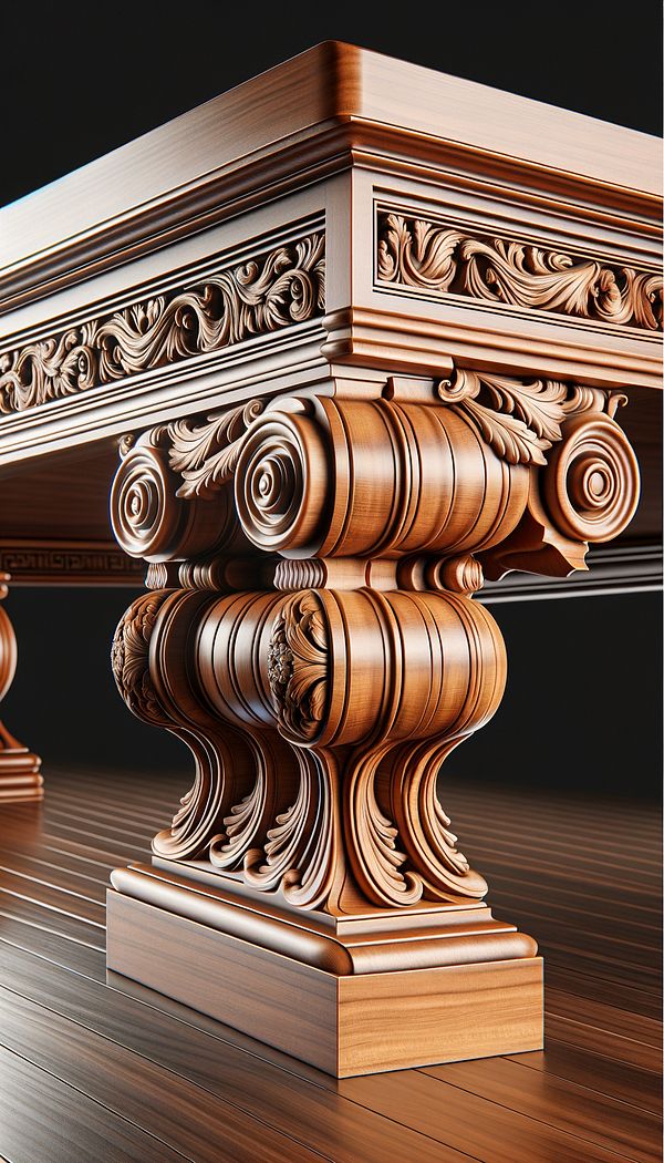 A close-up image of a beautifully carved wood stretcher connecting the legs of an elegant dining table, highlighting its decorative and structural purpose.