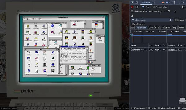 A retro computer interface displaying various applications and a network monitoring tool.