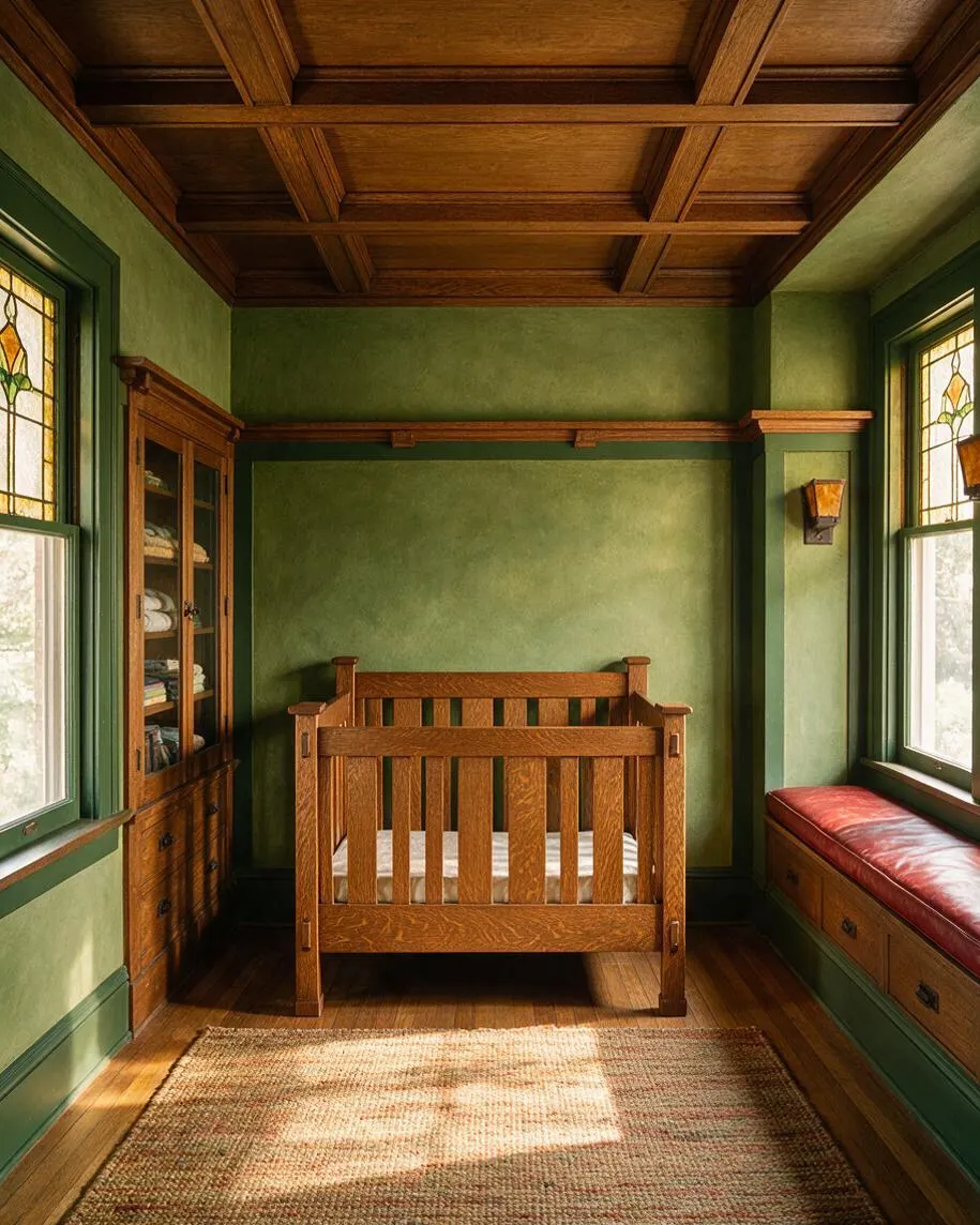 A Craftsman-style nursery with a wooden crib centered against green walls, a coffered wood ceiling, and matching built-in cabinetry and window seat. Stained glass windows and a woven rug add period character and warmth.