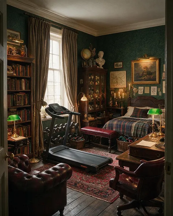 A dark academia home gym styled like a cozy study, with a treadmill centered on a patterned rug, a wall of bookshelves, and a bed dressed in plaid bedding. The room features deep green walls, heavy drapes, brass lamps, framed art, candles, and rich leather seating for a scholarly, atmospheric feel.
