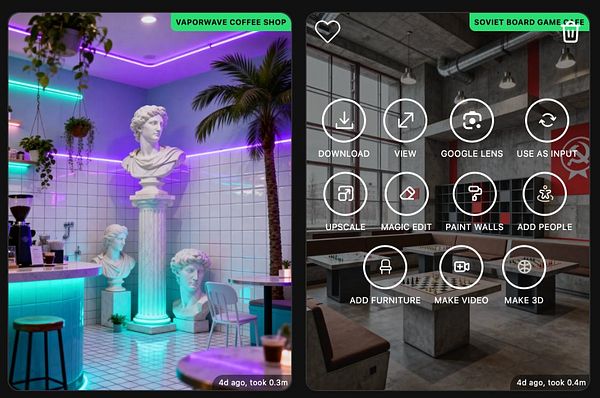 The image features a vibrant coffee shop interior with classical sculptures and a digital interface for a design application.