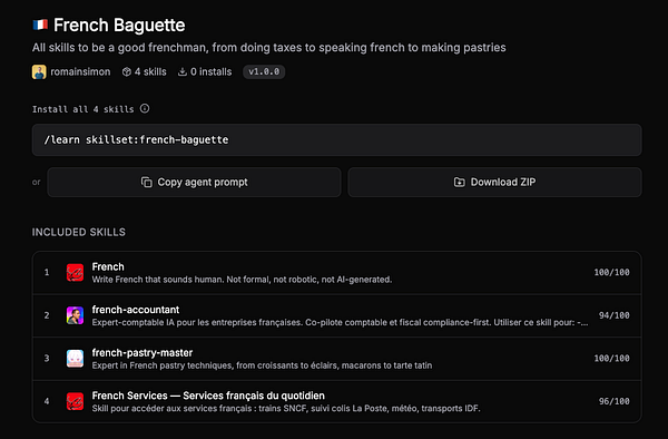Screenshot of the AgentSkill.sh skillsets page showing various AI agent capabilities and their interfaces.