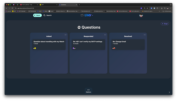 The image displays a user interface for managing email questions within the Hey email workflow.