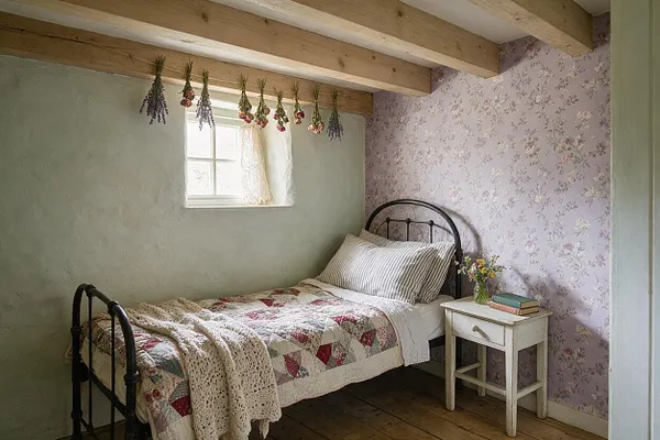 A small basement bedroom styled in cottagecore decor, with exposed wooden ceiling beams, a pale plaster wall, and lavender floral wallpaper. A black metal bed with a patchwork quilt and knitted throw sits beside a distressed white nightstand, while dried flowers hang from the beams and soft daylight filters through a tiny curtained window.
