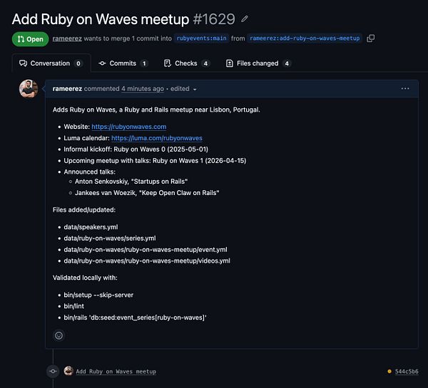 Screenshot of RubyEvents.org website showing Ruby and Ruby on Rails events in Austin, Texas for May 2023.
