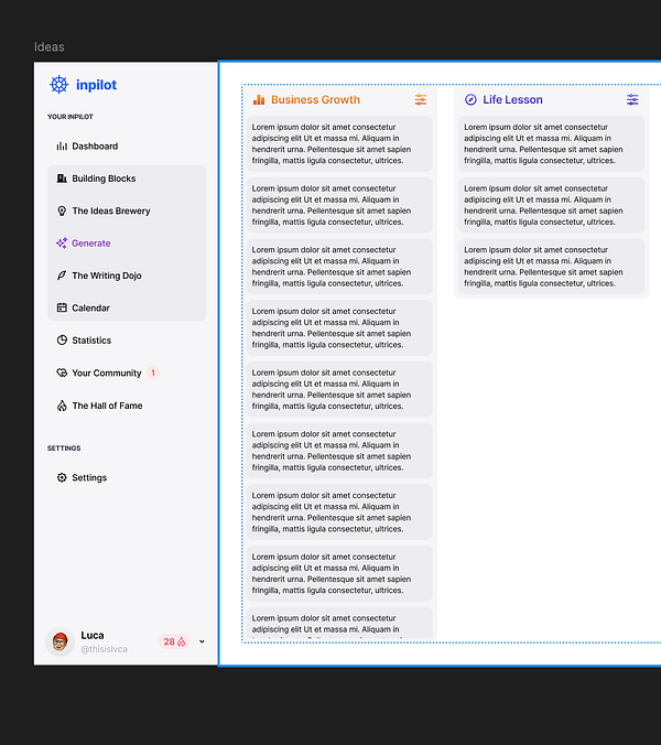 The image displays a user interface from the Inpilot application, showcasing two sections titled 'Business Growth' and 'Life Lesson' with placeholder text.