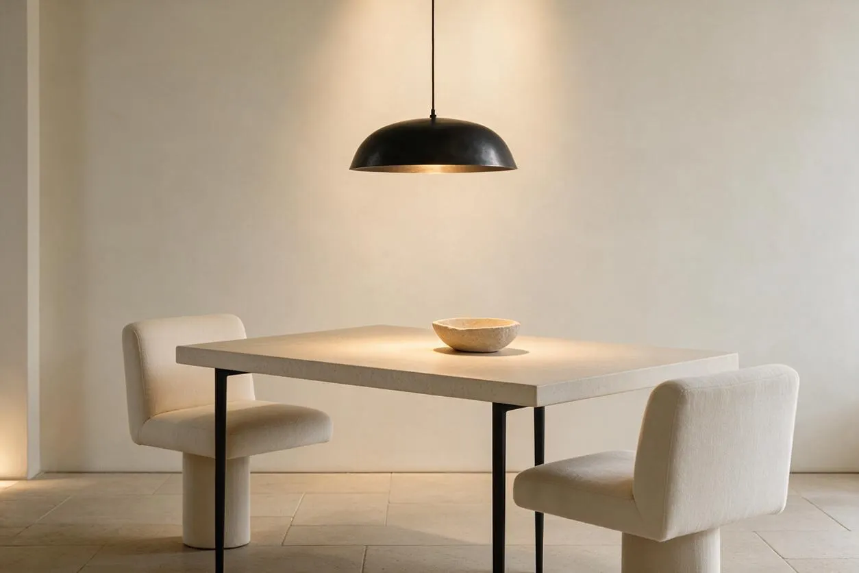 A minimalist dining nook with a rectangular light stone or concrete table, two cream upholstered chairs, and a shallow bowl centered on the tabletop. A black dome pendant light hangs above, casting a warm glow against soft beige walls and large neutral floor tiles.