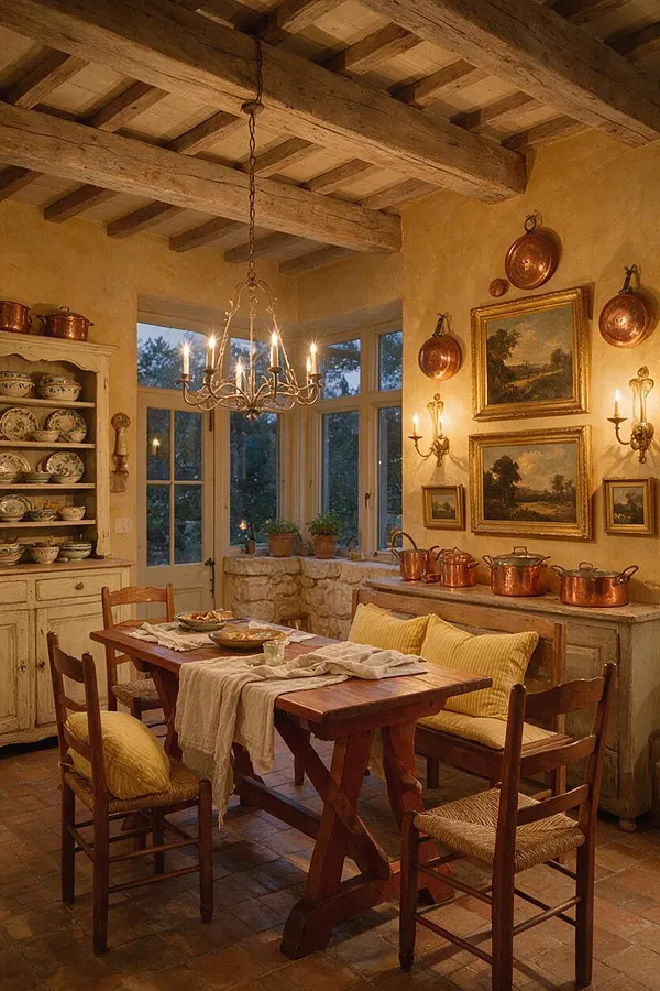A cozy French Country sunroom features exposed wooden ceiling beams, warm plaster walls, and a bay of tall windows bringing in twilight light. A rustic wooden dining table with woven chairs and pale yellow cushions sits beneath a metal chandelier, while copper cookware, framed landscape art, and a distressed cabinet of dishes complete the collected, old-world look.
