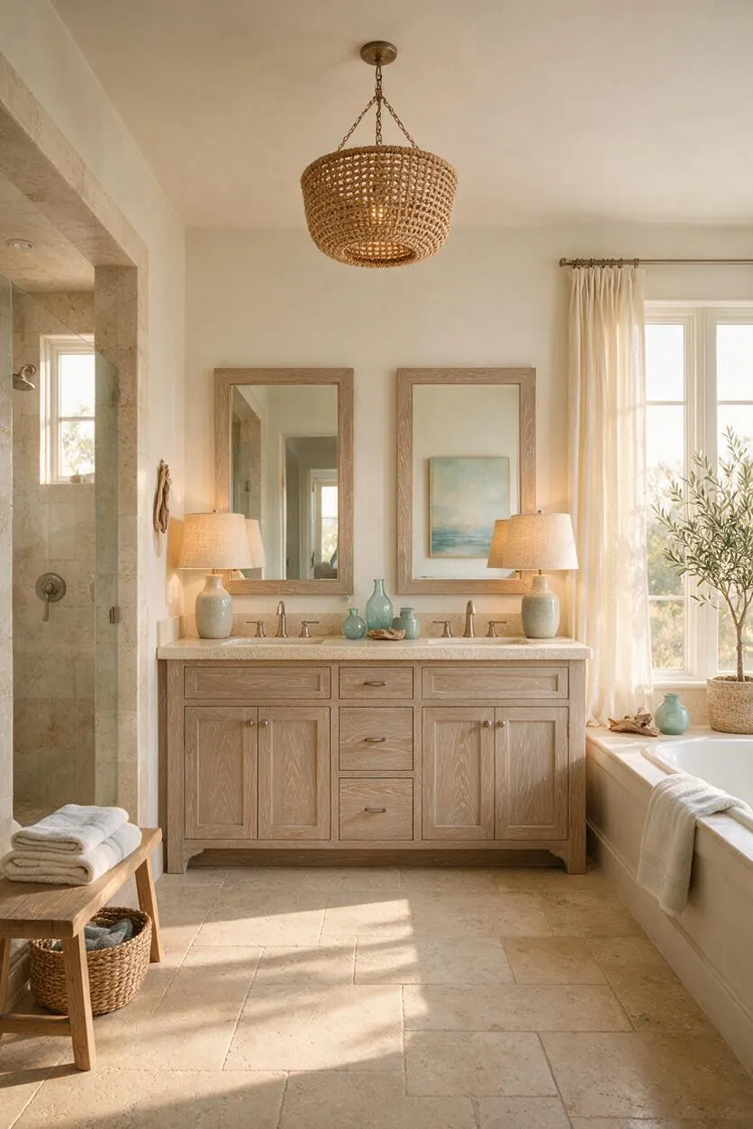 A serene coastal master bathroom with a light wood double vanity, twin mirrors, and woven pendant lighting. Soft beige stone floors, a freestanding tub by a bright window, and natural textures create a warm, sunlit spa-like space.