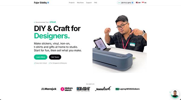 Website hero section promoting DIY and craft tools for designers with a man demonstrating a Cricut machine.