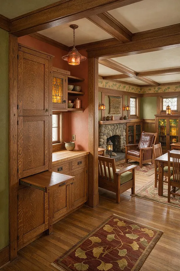 A Craftsman-style studio apartment interior with rich oak wood trim, built-in cabinetry, and warm earthy walls. The space features a stone fireplace, leather lounge chair, stained glass cabinet doors, hardwood floors, and soft amber pendant lighting.