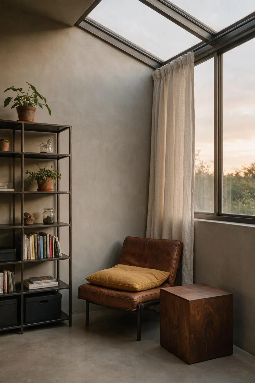A moody sunroom with raw concrete-style walls, a glass ceiling and large corner windows, soft sheer curtains, and a brown leather lounge chair with a mustard cushion. A black metal shelving unit holds books, potted plants, and decor, while a simple wooden cube side table sits nearby.