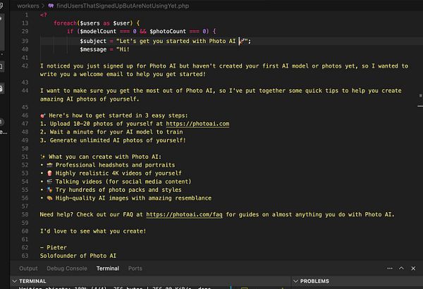 The image displays a code snippet for a PHP script designed to email users who have signed up for a service but have not yet trained their AI model.