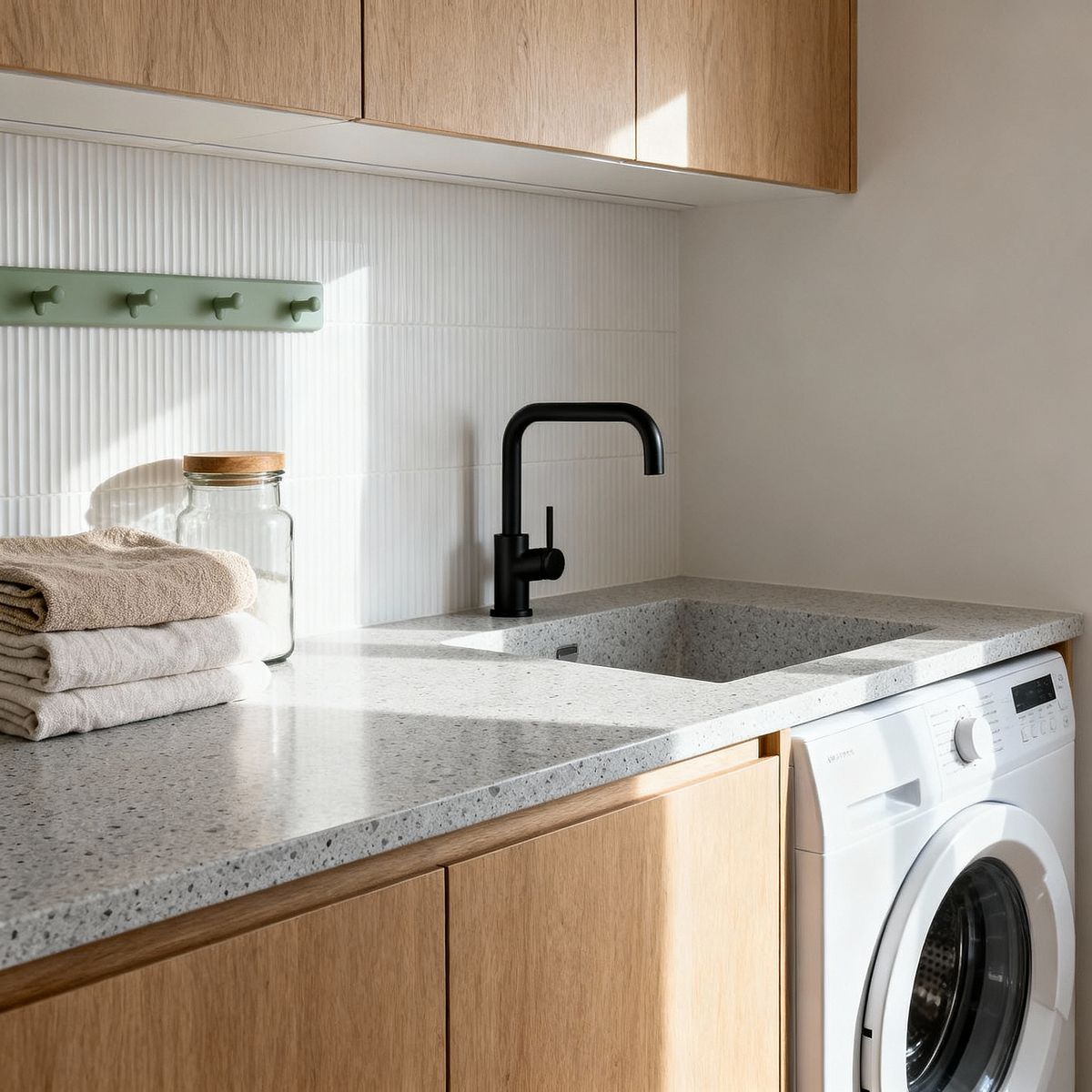 Room AI – Scandinavian Laundry with Fluted Tile and Oak - Interior