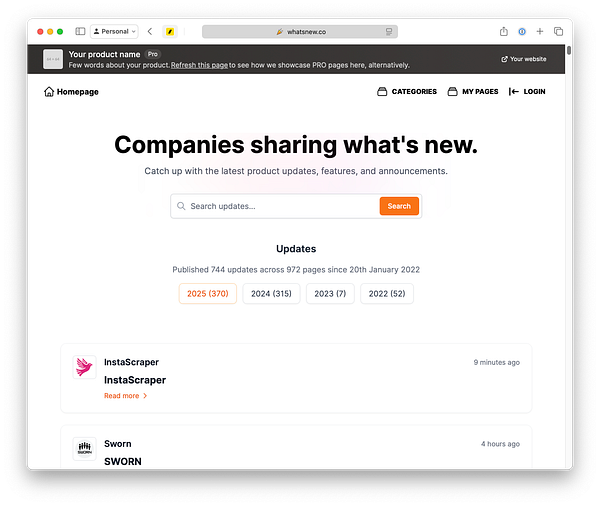 The image displays a webpage titled 'Companies sharing what's new' featuring product updates and announcements.