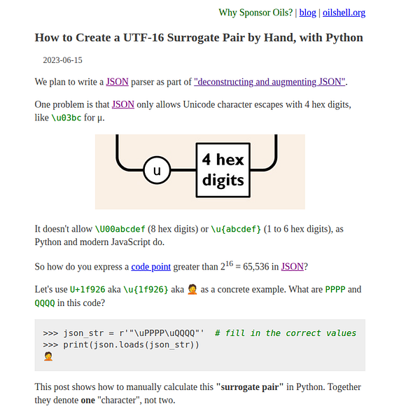 The image is a screenshot of a tutorial on creating UTF-16 surrogate pairs in Python.