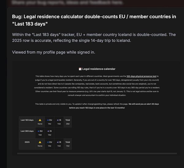 The image displays a legal residence calendar interface highlighting a bug in the calculation of days spent in EU and member countries.