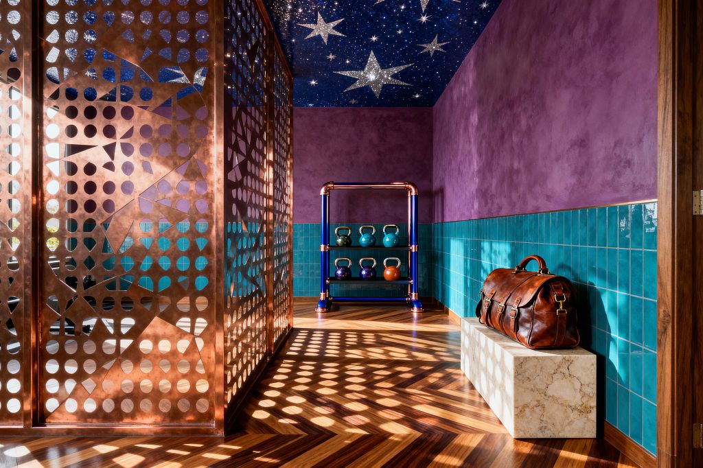 A vibrant home gym features a midnight-blue ceiling painted with glittering silver stars, plum plastered walls, and teal glazed tile wainscoting. Perforated copper screens cast dotted shadows across a chevron hardwood floor, while a copper-and-cobalt pipe rack holds colorful kettlebells at the back; a creamy marble bench on the right supports a brown leather duffel as sunlight floods the space.