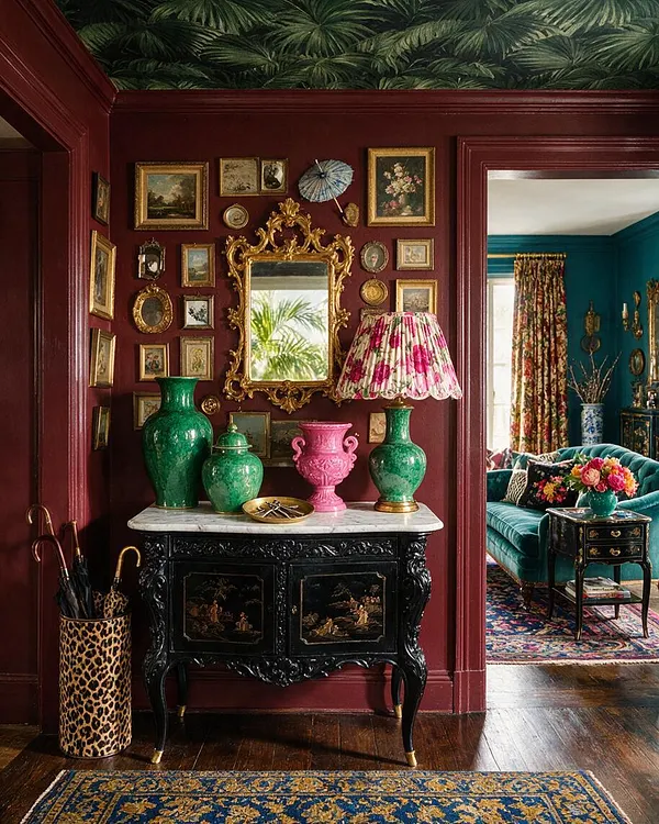 A richly layered foyer with deep burgundy walls, a palm-print wallpaper border near the ceiling, and a gilded ornate mirror centered above a black carved console. The vignette includes colorful ceramic vases, a floral table lamp, framed artwork, leopard-print umbrella stand, and a doorway opening to a teal sitting room with velvet seating and patterned drapery.