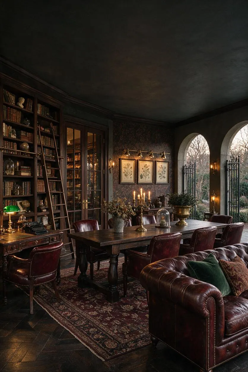 A dark academia patio styled like a private library and salon, with arched openings overlooking bare trees, a long dark wood table surrounded by burgundy leather chairs, and a tufted leather sofa in the foreground. Built-in bookcases, ladder shelving, brass lamps, framed botanical prints, candles, and patterned rugs create a rich, scholarly atmosphere.