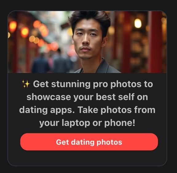 An advertisement promoting professional dating photos with a young man in the background.