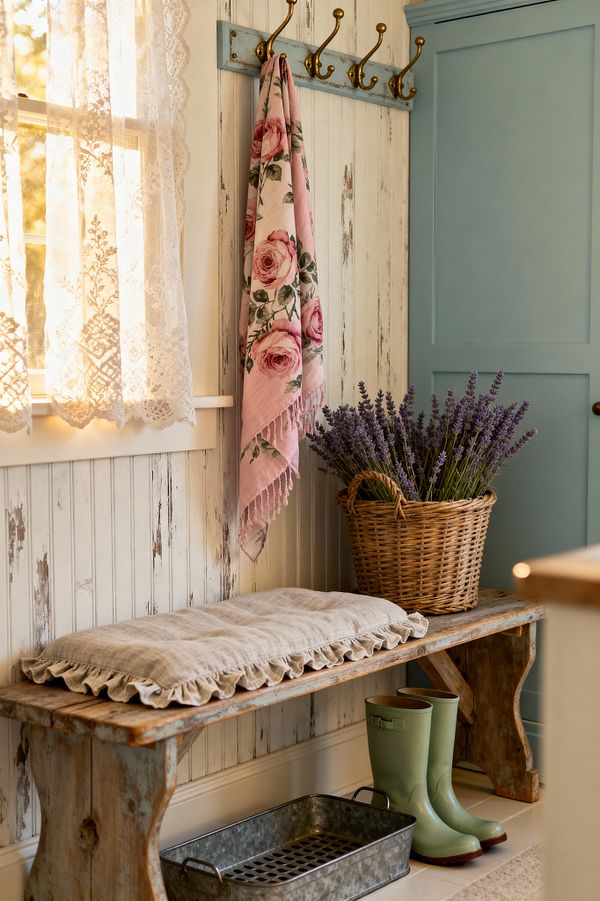A cozy shabby chic mudroom with distressed white beadboard walls and a weathered wood bench beneath a sunlit window draped in lace. The bench holds a ruffled linen cushion and a wicker basket of lavender, with sage-green rain boots and a galvanized boot tray below. Brass hooks on a pale aqua board display a pink rose-print scarf, and a muted blue-green shaker door completes the soft, vintage palette.