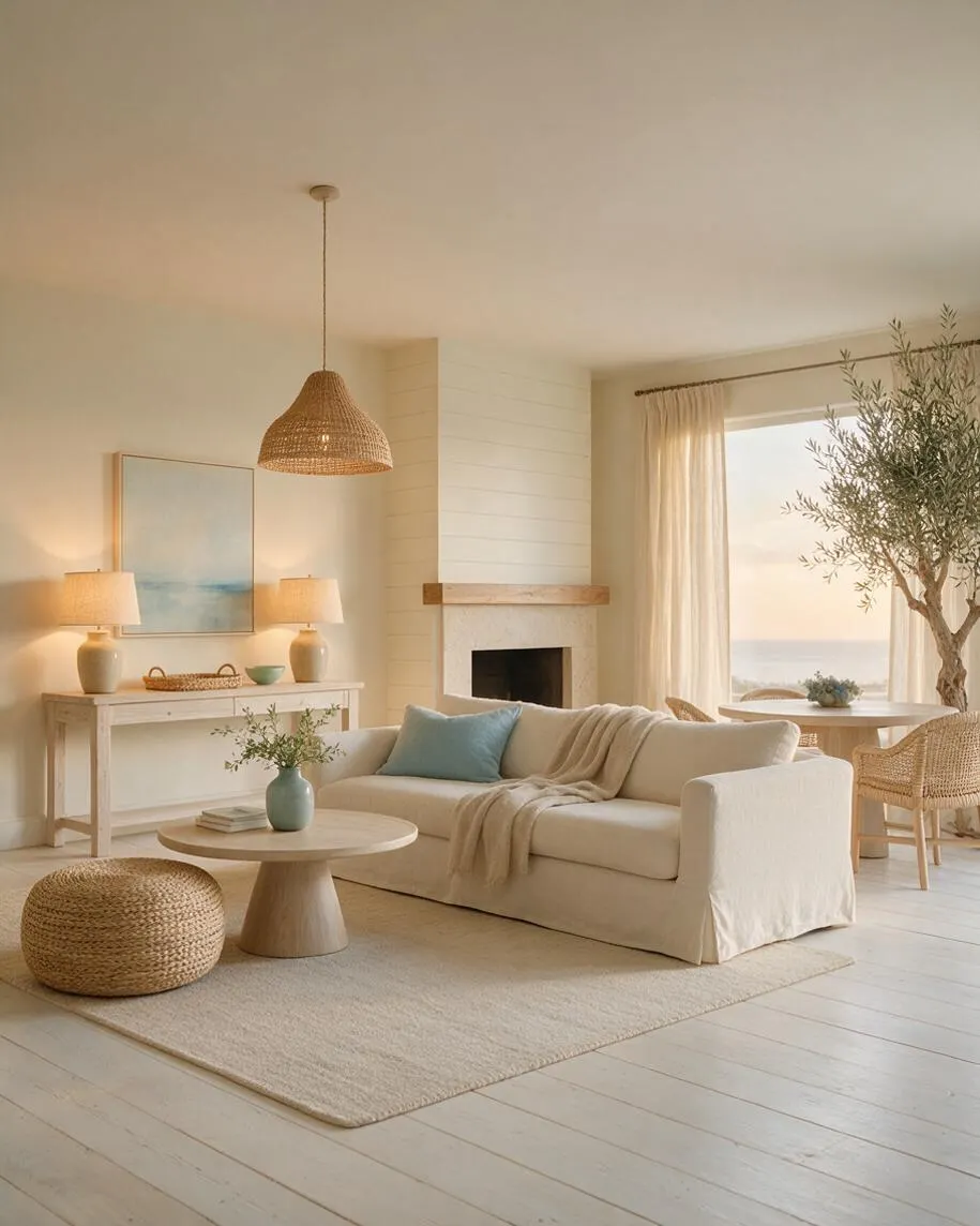 A bright coastal studio apartment with a cream sofa, pale wood coffee table, woven ottoman, and a rattan pendant light. The room features soft neutral walls, sheer curtains, a fireplace with a wood mantel, a console with table lamps, and a large window overlooking the sea.