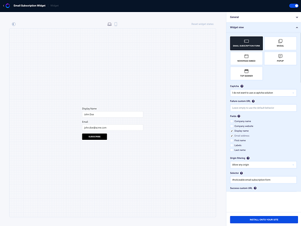 The image displays an email subscription widget interface for user input.