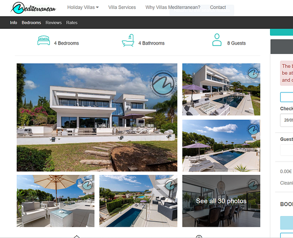 Modern Mediterranean villa with 4 bedrooms, 4 bathrooms, and pool area accommodating 8 guests, listed on a villa rental website.