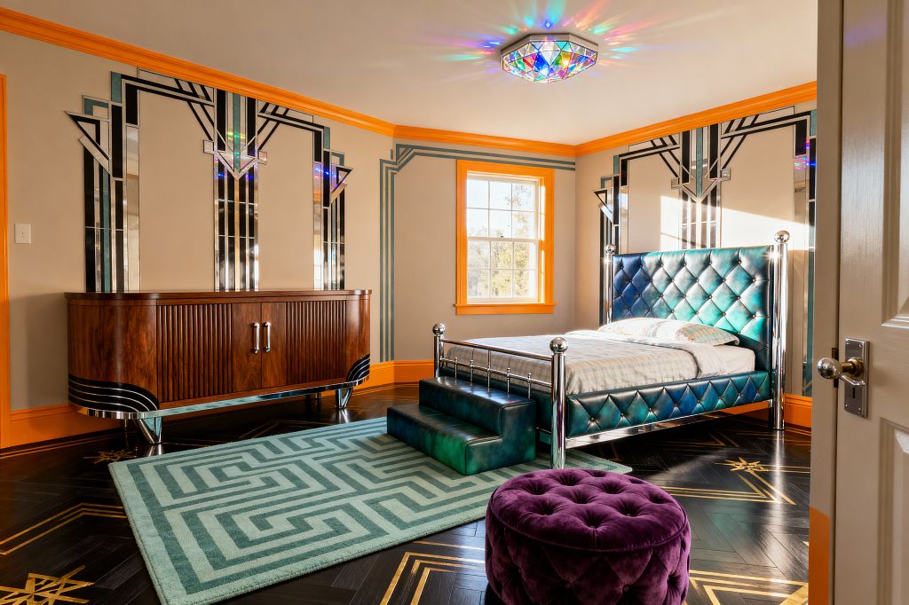A kids’ bedroom in Art Deco style featuring a teal diamond‑tufted bed with chrome posts and an upholstered step before mirrored geometric wall panels. The space includes black herringbone wood flooring with gold inlays, a mint maze-patterned area rug, a purple tufted ottoman, and a walnut credenza on chrome legs. Beige walls with teal linework are framed by bright orange trim, and a jewel-like ceiling fixture with colored glass casts rainbow reflections.