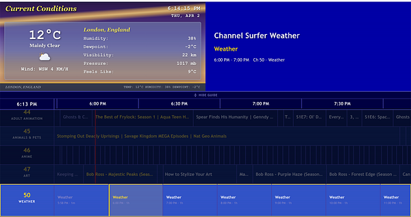 Screenshot of the Channel Surfer web app displaying a weather channel with detailed weather information and navigation controls.