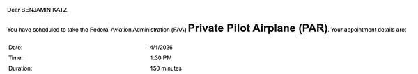 A calendar view displays a schedule with color-coded events and a to-do task focused on FAA private pilot knowledge test preparation.