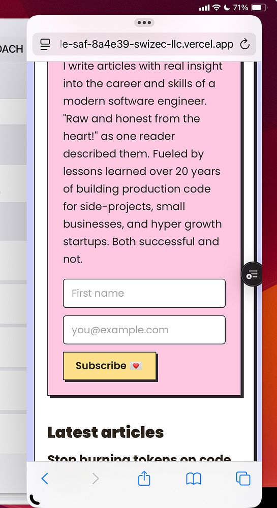 Screenshot of a mobile web newsletter sign-up form displaying an overflowing input field on Safari browser.