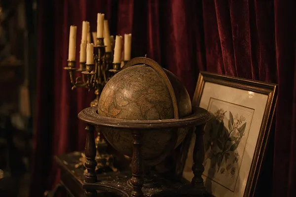 A dark academia still life featuring an antique globe mounted on a small wooden stand, set before deep burgundy velvet drapery. A brass candelabra with unlit candles and a framed botanical print complete the moody scholarly arrangement.