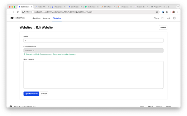 The image displays a web interface for editing website settings on FeedbackFace.