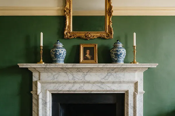 A traditional room vignette centered on a white marble fireplace mantel against deep green walls. The mantel is styled with a gilded mirror above, a small framed portrait in the middle, two blue-and-white porcelain jars, and brass candlesticks on either side.