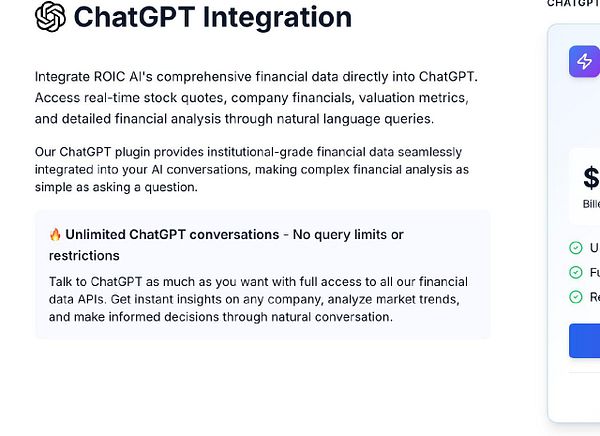 The image displays a promotional interface for integrating ROIC AI's financial data into ChatGPT.