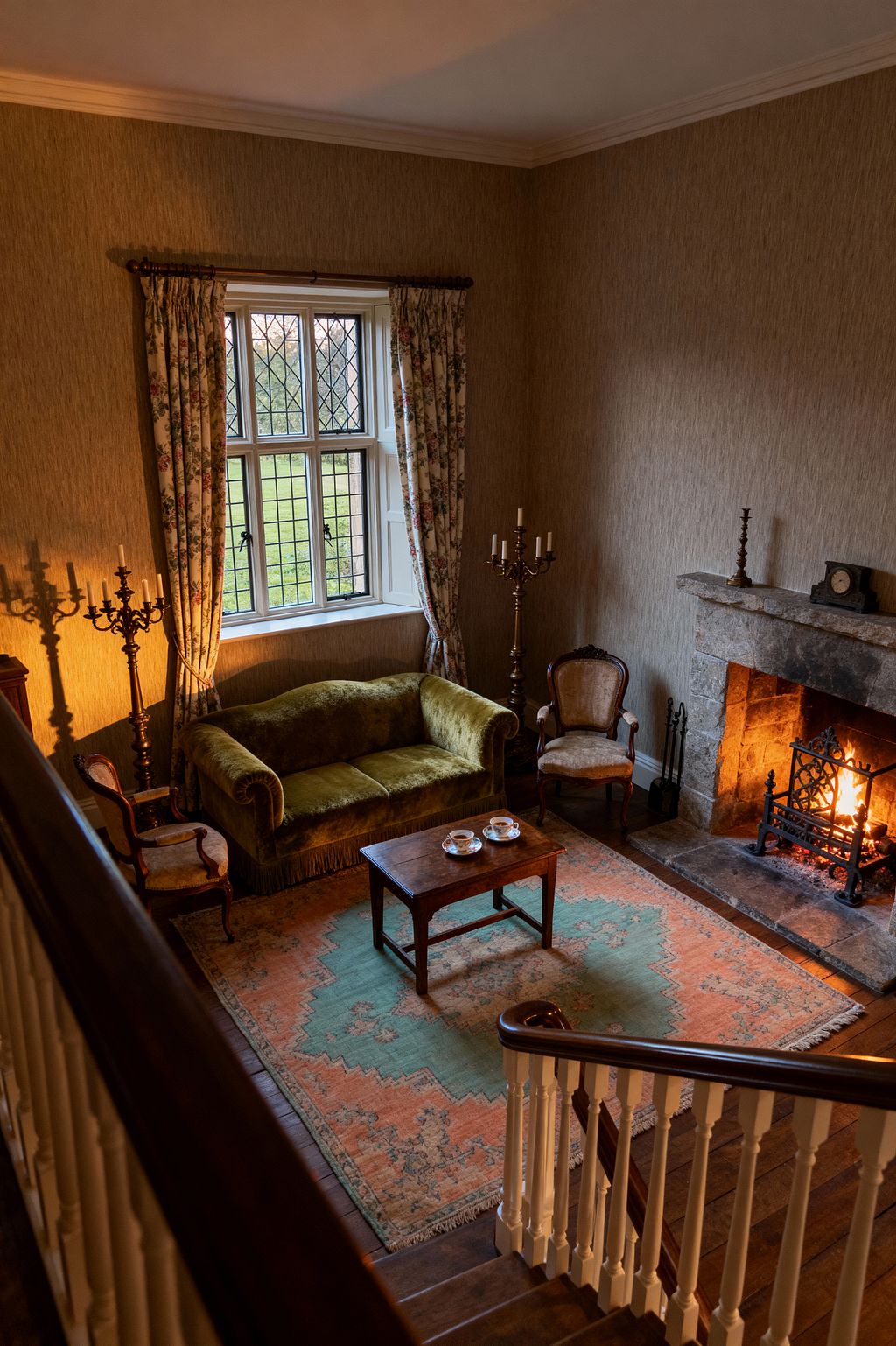 A traditional living room viewed from a staircase shows a stone fireplace with a bright fire, a wrought-iron grate, and fireplace tools, opposite a classic seating group. An olive green velvet sofa beneath leaded windows with floral curtains pairs with two carved armchairs, tall metal candelabras, and a small walnut coffee table set with teacups on a faded peach-and-seafoam rug over dark hardwood floors; warm beige textured walls and a mantel clock complete the scene.
