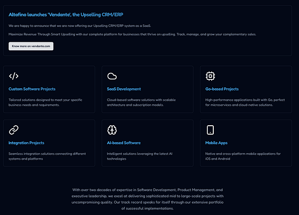 The image features a promotional announcement for Altafino's new Upselling CRM/ERP system called 'Vendante'.
